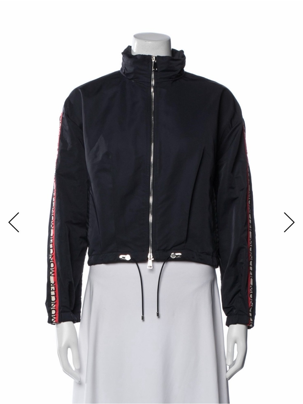 Moncler Black Bomber Jacket with Branded Sleeve Stripe